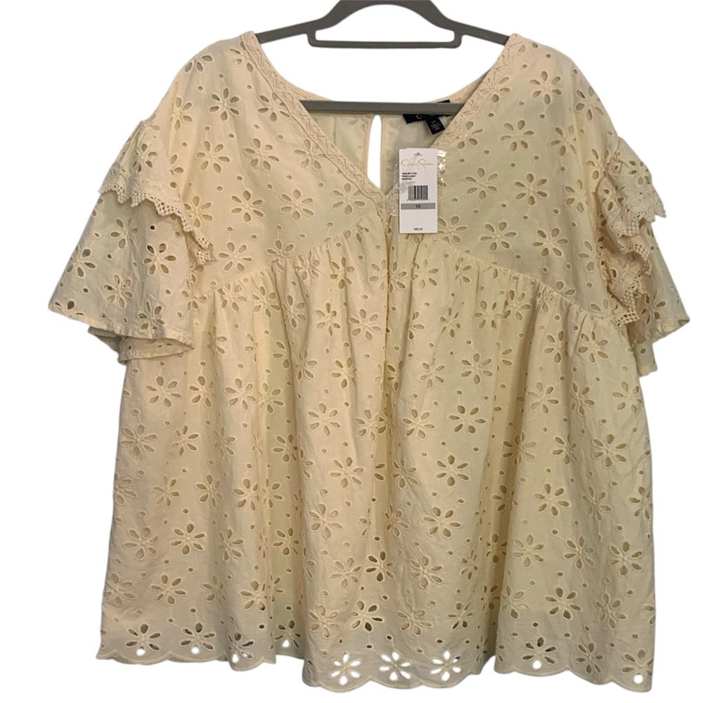 Jessica Simpson Eyelet Top ruffle sleeve lace crochet